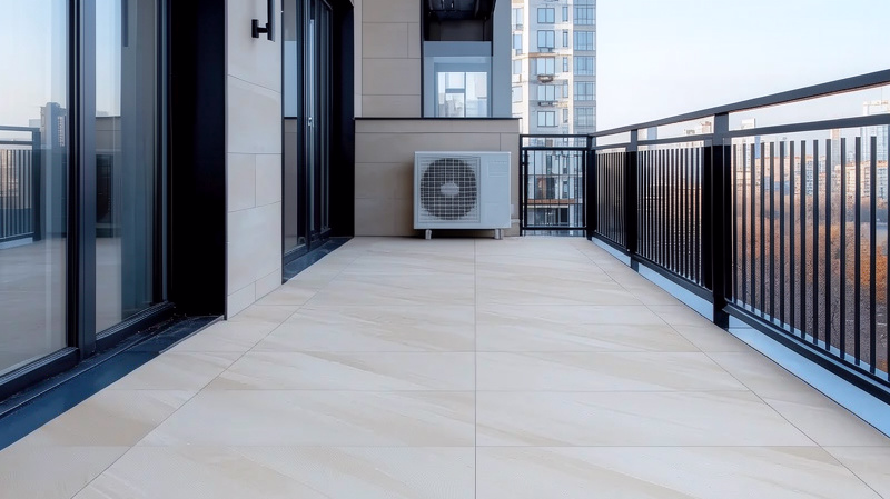 Sydney high-rise apartment balcony with beige tiles, glass sliding doors and city skyline view — professional leaking balcony repair & waterproofing by Sydney Sealed